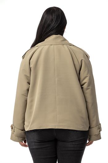 Büyük Beden Mono Yaka Apoletli Cepli Oversize Astarlı Çağla Yeşili Kısa Trençkot 