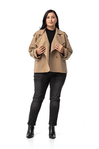 Büyük Beden Mono Yaka Apoletli Cepli Oversize Astarlı Vizon Kısa Trençkot 