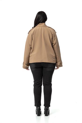 Büyük Beden Mono Yaka Apoletli Cepli Oversize Astarlı Vizon Kısa Trençkot 