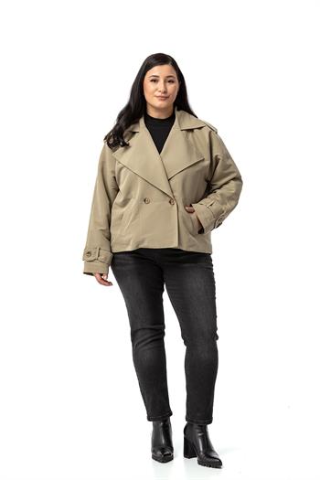 Büyük Beden Mono Yaka Apoletli Cepli Oversize Astarlı Çağla Yeşili Kısa Trençkot 