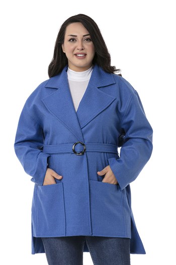 Büyük Beden Mono Yaka Arkası Uzun Torba Cepli Kemerli Astarsız İndigo Kaban