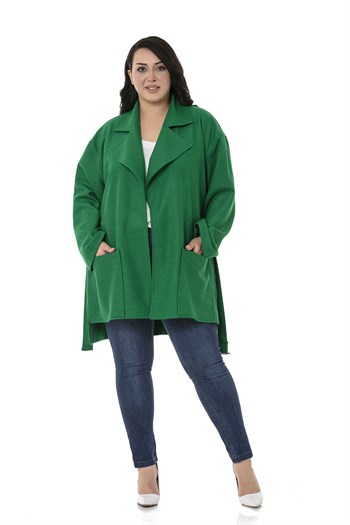 Büyük Beden Mono Yaka Arkası Uzun Torba Cepli Kemerli Astarsız Yeşil Kaban