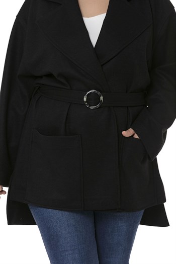 Büyük Beden Mono Yaka Arkası Uzun Torba Cepli Kemerli Astarsız Siyah Kaban