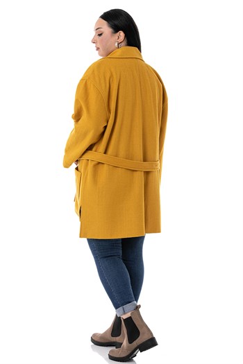 Büyük Beden Mono Yaka Arkası Uzun Torba Cepli Kemerli Astarsız Hardal Kaban