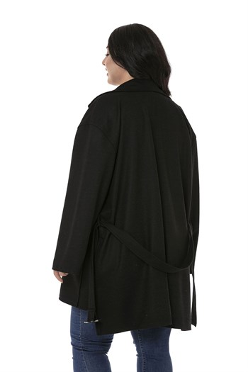 Büyük Beden Mono Yaka Arkası Uzun Torba Cepli Kemerli Astarsız Siyah Kaban