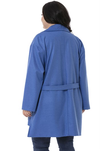 Büyük Beden Mono Yaka Arkası Uzun Torba Cepli Kemerli Astarsız İndigo Kaban