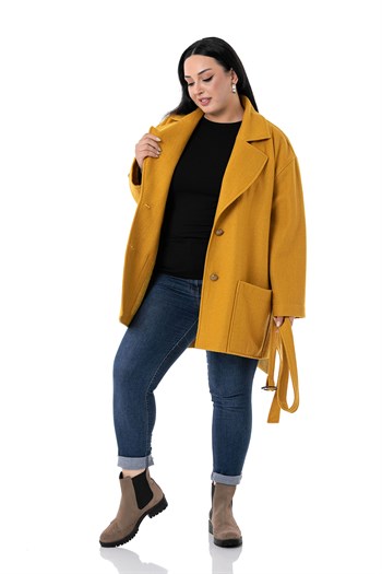 Büyük Beden Mono Yaka Arkası Uzun Torba Cepli Kemerli Astarsız Hardal Kaban