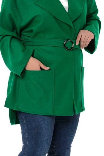 Büyük Beden Mono Yaka Arkası Uzun Torba Cepli Kemerli Astarsız Yeşil Kaban
