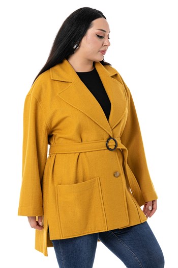 Büyük Beden Mono Yaka Arkası Uzun Torba Cepli Kemerli Astarsız Hardal Kaban