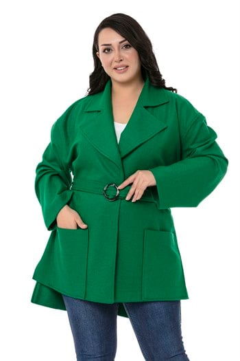 Büyük Beden Mono Yaka Arkası Uzun Torba Cepli Kemerli Astarsız Yeşil Kaban