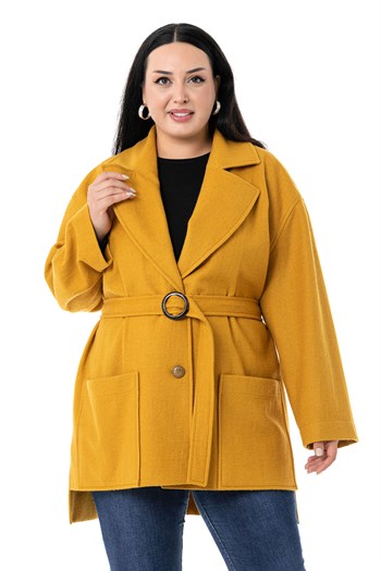 Büyük Beden Mono Yaka Arkası Uzun Torba Cepli Kemerli Astarsız Hardal Kaban