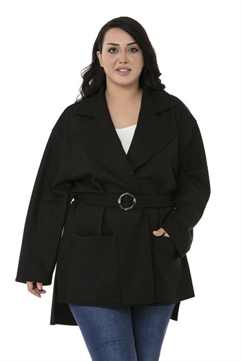 Büyük Beden Mono Yaka Arkası Uzun Torba Cepli Kemerli Astarsız Siyah Kaban