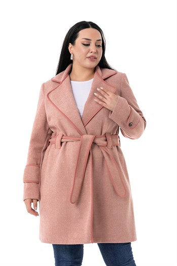 Büyük Beden Mono Yaka Biye Detaylı Yandan Cepli Kuşaklı Astarsız Pembe Kaban