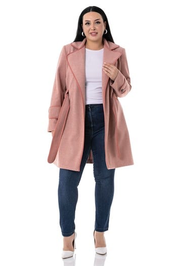 Büyük Beden Mono Yaka Biye Detaylı Yandan Cepli Kuşaklı Astarsız Pembe Kaban