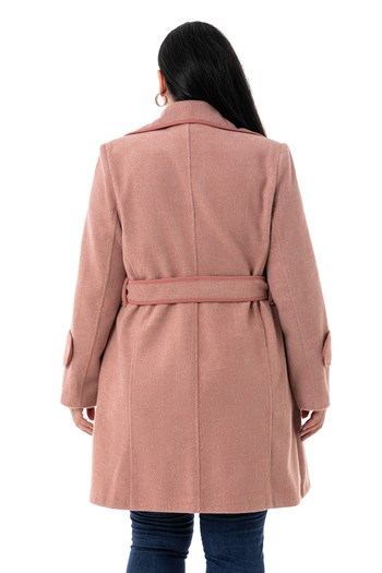 Büyük Beden Mono Yaka Biye Detaylı Yandan Cepli Kuşaklı Astarsız Pembe Kaban