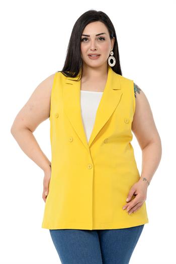 Plus Size Mono Collar Yellow Vest with Button Detail