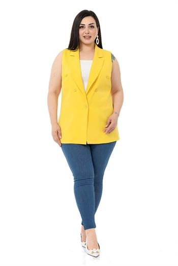 Plus Size Mono Collar Yellow Vest with Button Detail
