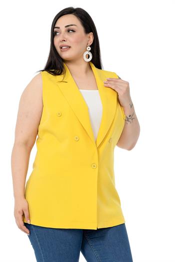 Plus Size Mono Collar Yellow Vest with Button Detail