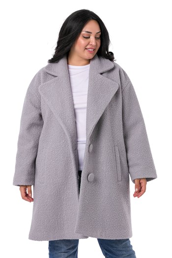 Büyük Beden Mono Yaka Fleto Cepli Kaplamalı Düğmeli Astarlı Gri Buklet Kaban