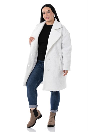 Büyük Beden Mono Yaka Fleto Cepli Kaplamalı Düğmeli Astarlı Beyaz Buklet Kaban