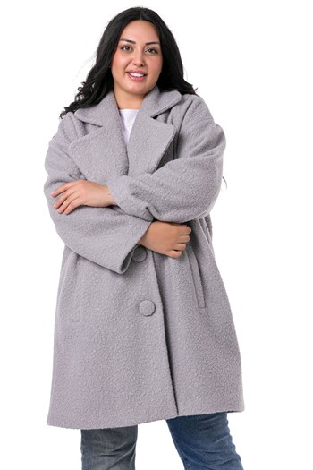 Büyük Beden Mono Yaka Fleto Cepli Kaplamalı Düğmeli Astarlı Gri Buklet Kaban