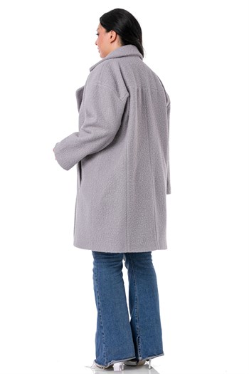 Büyük Beden Mono Yaka Fleto Cepli Kaplamalı Düğmeli Astarlı Gri Buklet Kaban