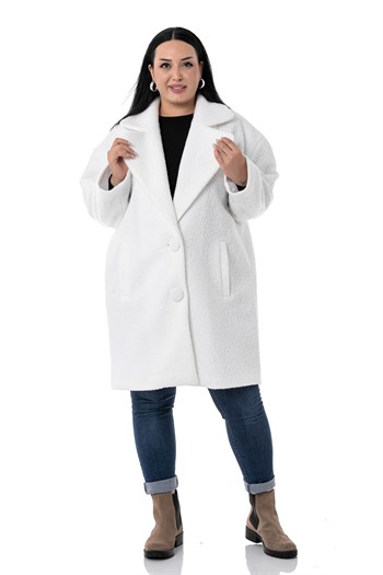 Büyük Beden Mono Yaka Fleto Cepli Kaplamalı Düğmeli Astarlı Beyaz Buklet Kaban