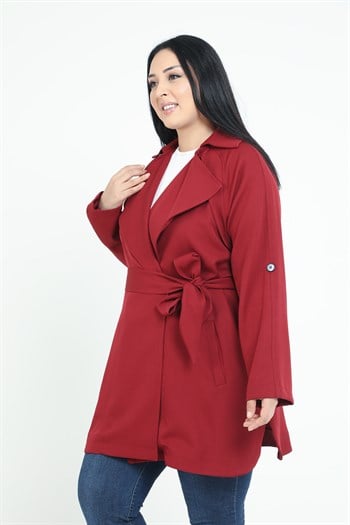 Büyük Beden Mono Yaka Kuşaklı Katlamalı Kollu Cepli Rüzgarlıklı Yandan Yırtmaçlı Bordo Ceket