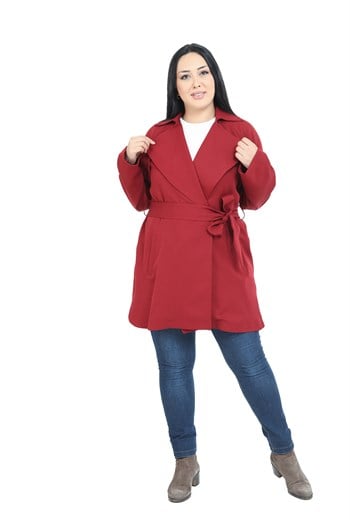 Büyük Beden Mono Yaka Kuşaklı Katlamalı Kollu Cepli Rüzgarlıklı Yandan Yırtmaçlı Bordo Ceket