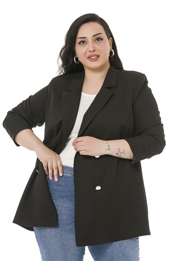 Büyük Beden Mono Yaka Kruvaze Kapama Kolu Pileli Siyah Astarsız Kadın Ceket