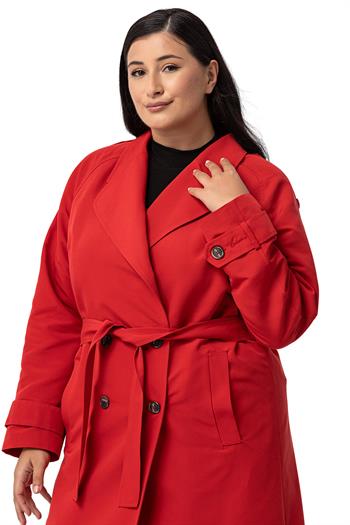 Büyük Beden Mono Yaka Kruvaze Kapamalı Yırtmaçlı Astarlı Uzun Kırmızı Trençkot