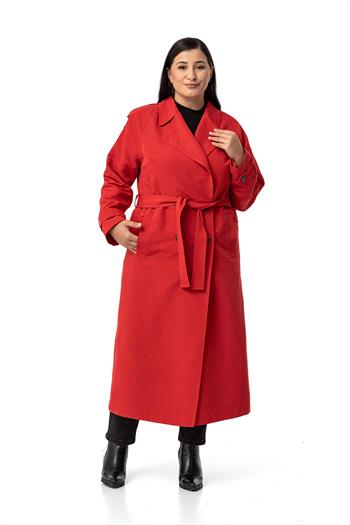Büyük Beden Mono Yaka Kruvaze Kapamalı Yırtmaçlı Astarlı Uzun Kırmızı Trençkot