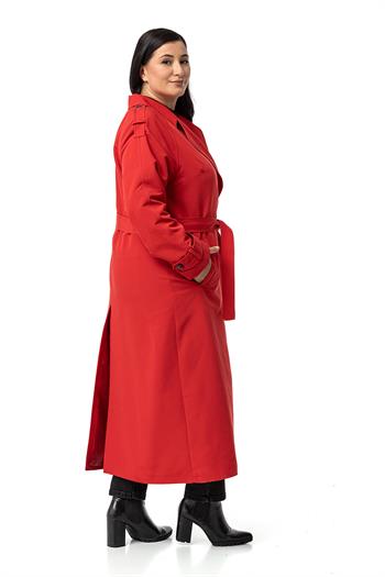 Büyük Beden Mono Yaka Kruvaze Kapamalı Yırtmaçlı Astarlı Uzun Kırmızı Trençkot