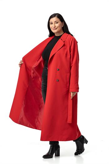 Büyük Beden Mono Yaka Kruvaze Kapamalı Yırtmaçlı Astarlı Uzun Kırmızı Trençkot