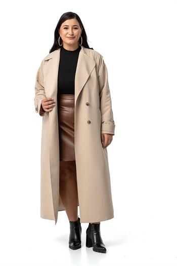 Büyük Beden Mono Yaka Kruvaze Kapamalı Yırtmaçlı Astarlı Uzun Bej Rengi Trençkot