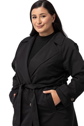 Büyük Beden Mono Yaka Kruvaze Kapamalı Yırtmaçlı Astarlı Uzun Siyah Trençkot