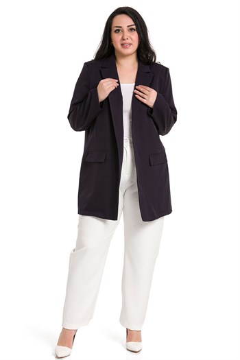 Büyük Beden Mono Yaka Süs Cep Kapaklı Koyu Lacivert Astarsız Kadın Ceket