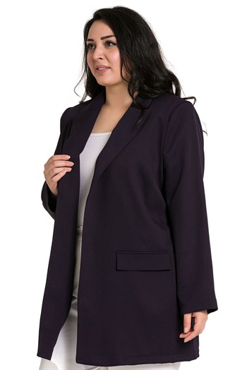 Büyük Beden Mono Yaka Süs Cep Kapaklı Koyu Lacivert Astarsız Kadın Ceket