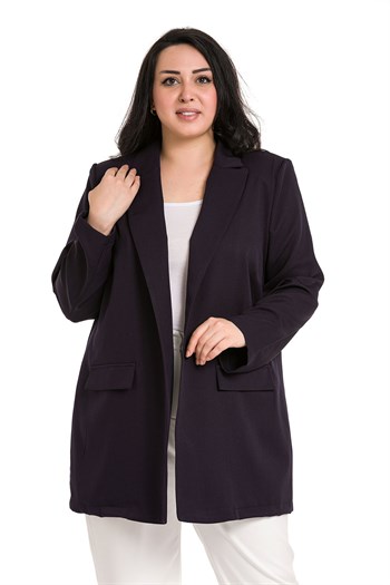 Büyük Beden Mono Yaka Süs Cep Kapaklı Koyu Lacivert Astarsız Kadın Ceket