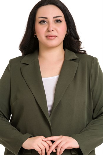 Büyük Beden Mono Yaka Süs Cep Kapaklı Haki Astarsız Kadın Ceket