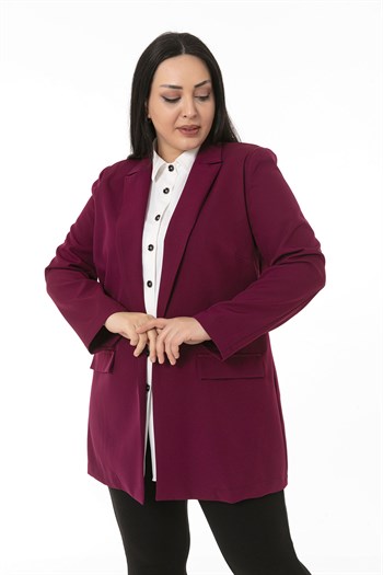 Büyük Beden Mono Yaka Süs Cep Kapaklı Bordo Astarsız Kadın Ceket