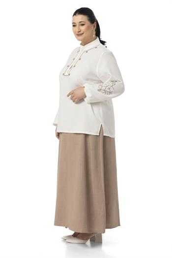 Büyük Beden Nakış Detaylı Bluz Etek Vizon İkili Takım