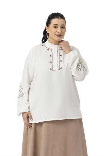 Büyük Beden Nakış Detaylı Bluz Etek Vizon İkili Takım