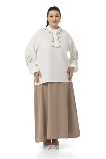 Büyük Beden Nakış Detaylı Bluz Etek Vizon İkili Takım