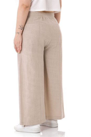 Plus Size Ribbed Stitched Pocket Zippered Wide Leg Linen Beige Trousers