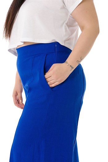 Plus Size Ribbed Stitched Pocket Zippered Wide Leg Linen İndigo Trousers