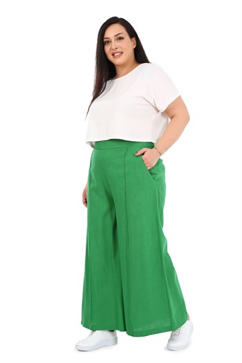Plus Size Ribbed Stitched Pocket Zippered Wide Leg Linen Green Trousers