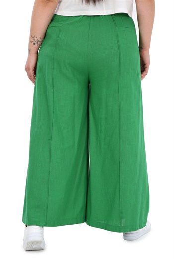 Plus Size Ribbed Stitched Pocket Zippered Wide Leg Linen Green Trousers
