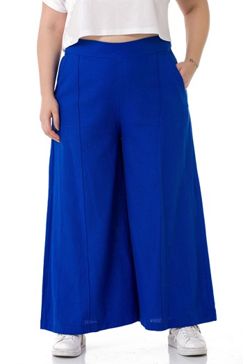 Plus Size Ribbed Stitched Pocket Zippered Wide Leg Linen İndigo Trousers
