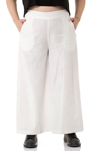 Plus Size Ribbed Stitched Pocket Zippered Wide Leg Linen White Trousers